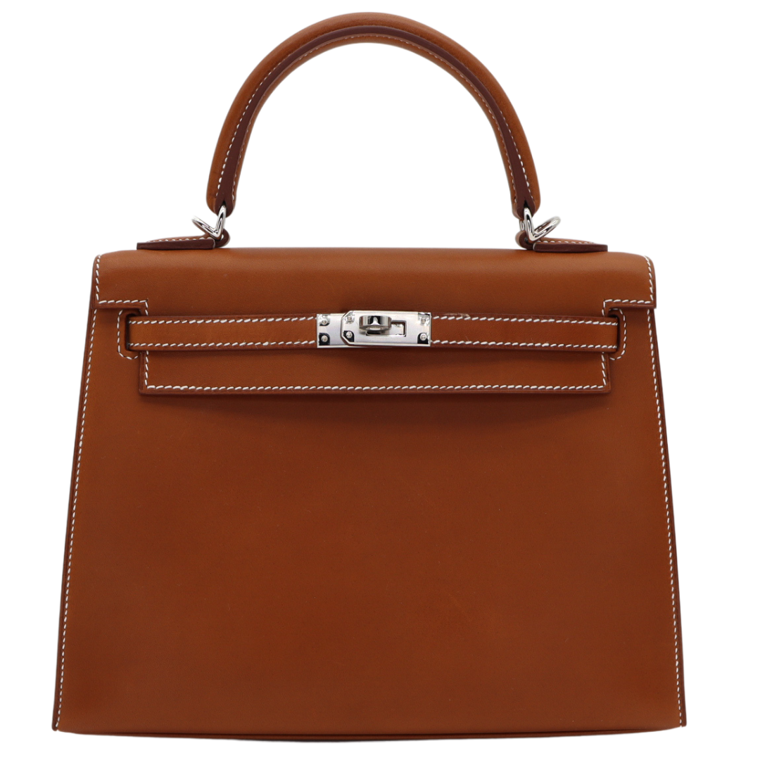 Hermès 25cm Kelly Sellier Fauve Barenia Palladium Hardware