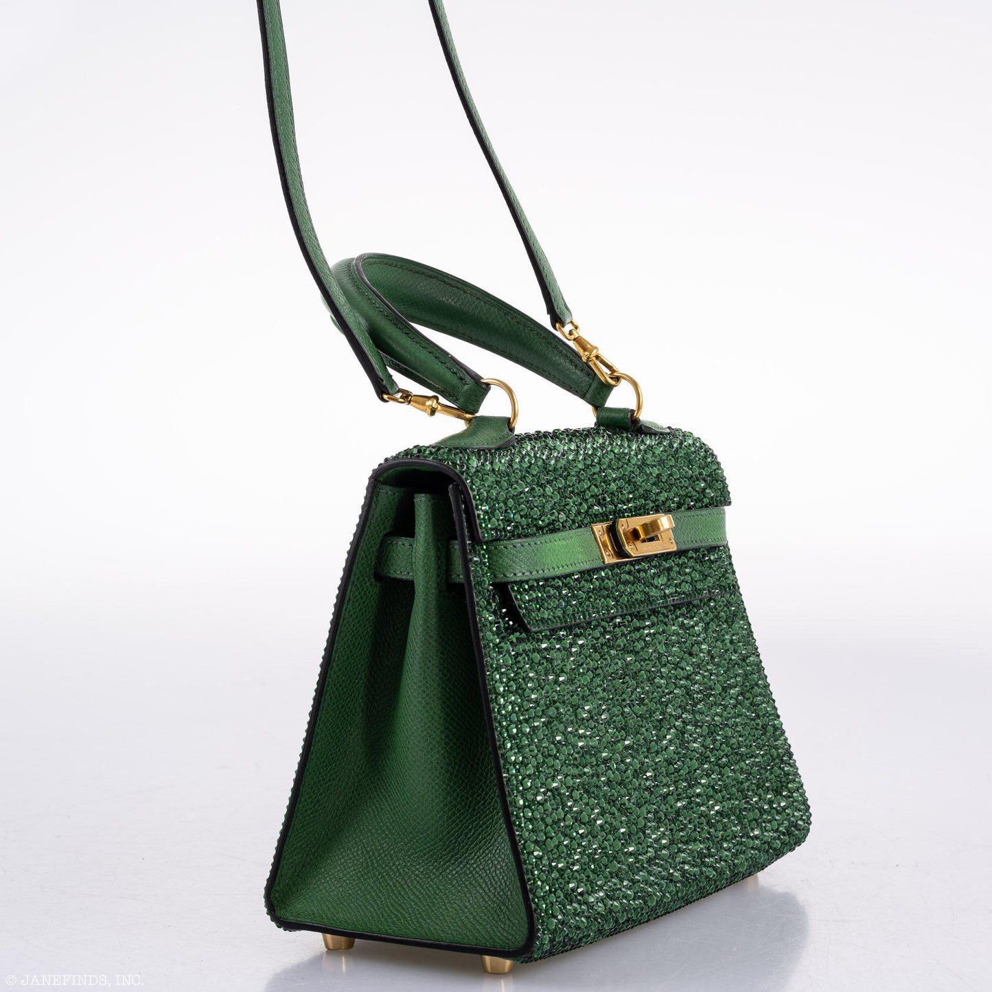 Vintage Hermes Emerald Kelly of Oz with Swarovski Crystals Epsom Gold Hardware