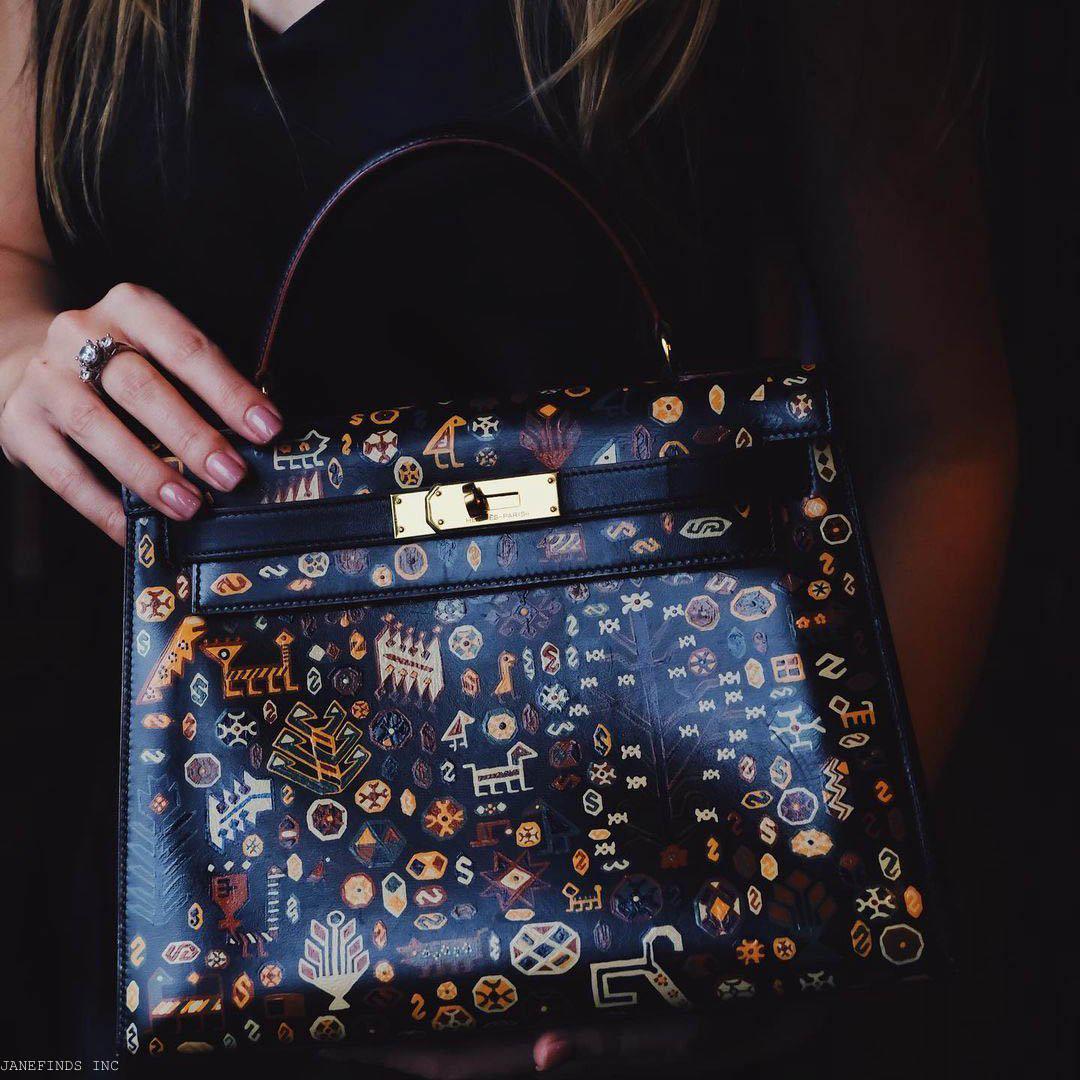 Vintage Hermes Kelly 28 Sellier Black Box Painted "Qashqai" Design with Gold Hardware