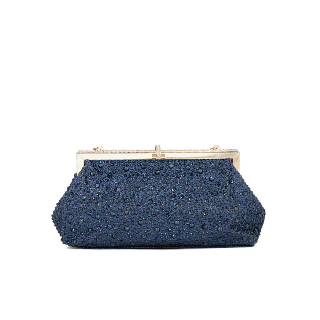 Elegant Navy Blue Beaded Evening Clutch Bag with Crystal Chain Strap