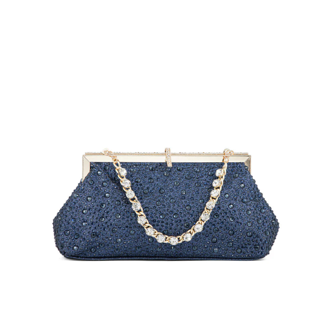 Elegant Navy Blue Beaded Evening Clutch Bag with Crystal Chain Strap