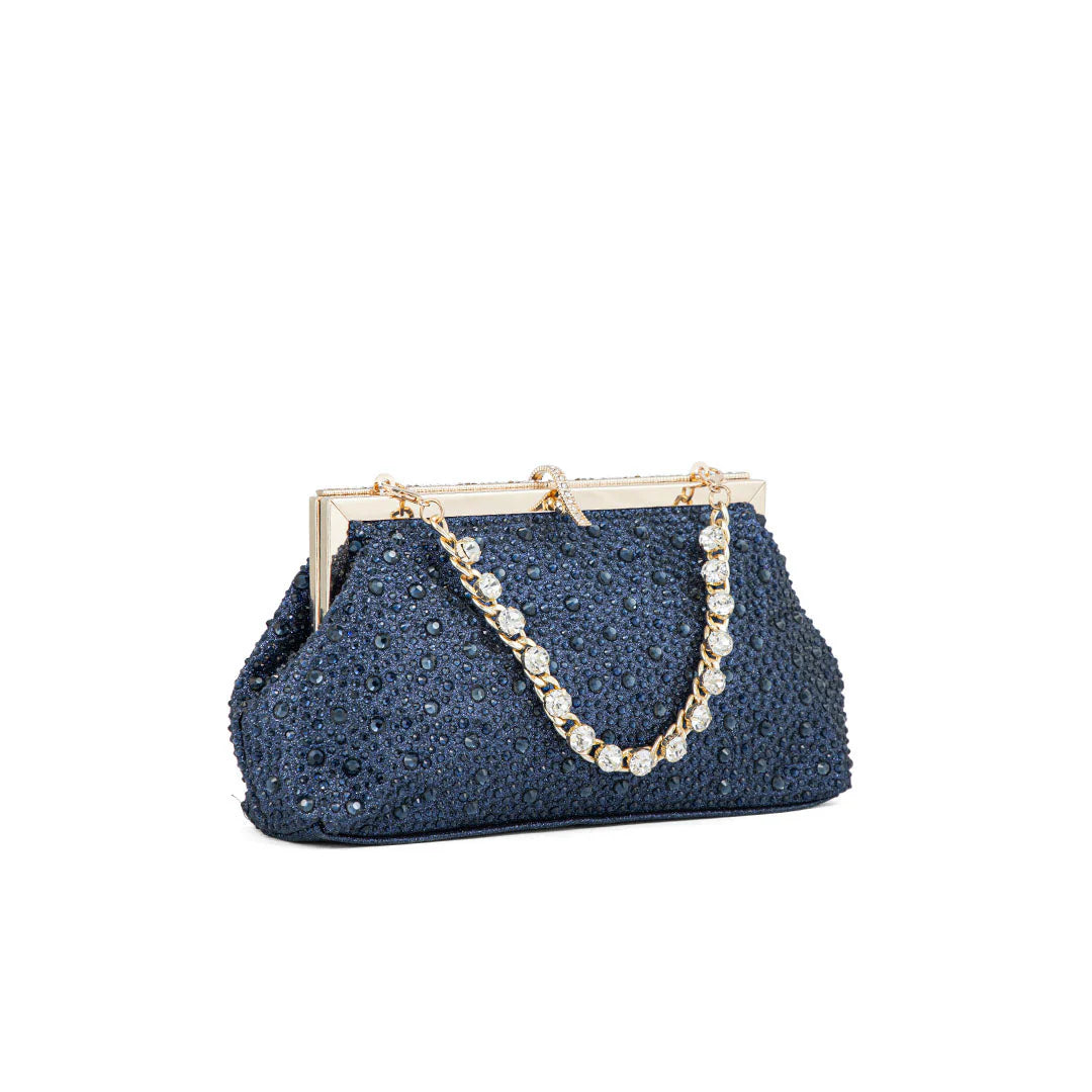 Elegant Navy Blue Beaded Evening Clutch Bag with Crystal Chain Strap