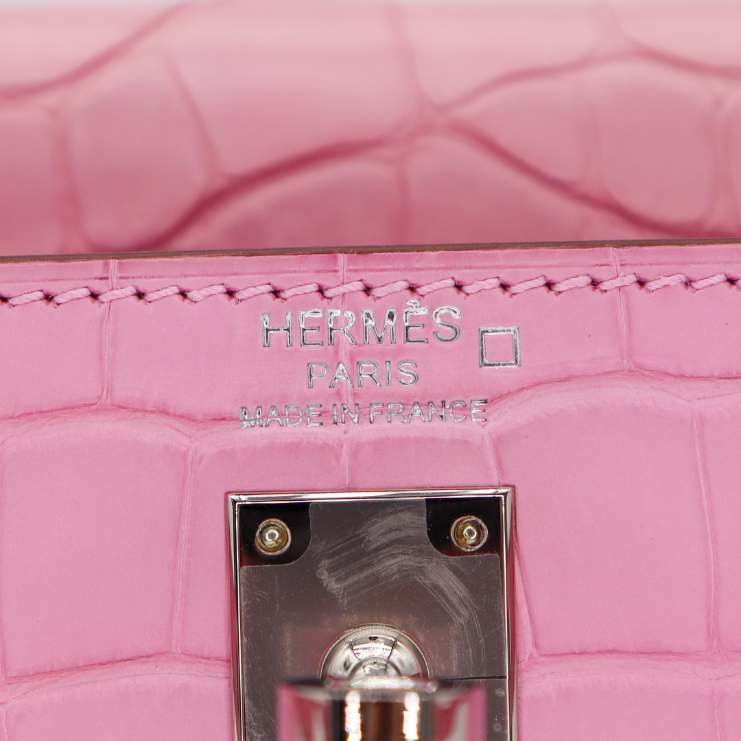 Hermès 25cm Kelly Retourne Bubblegum Matte Alligator Palladium Hardware
