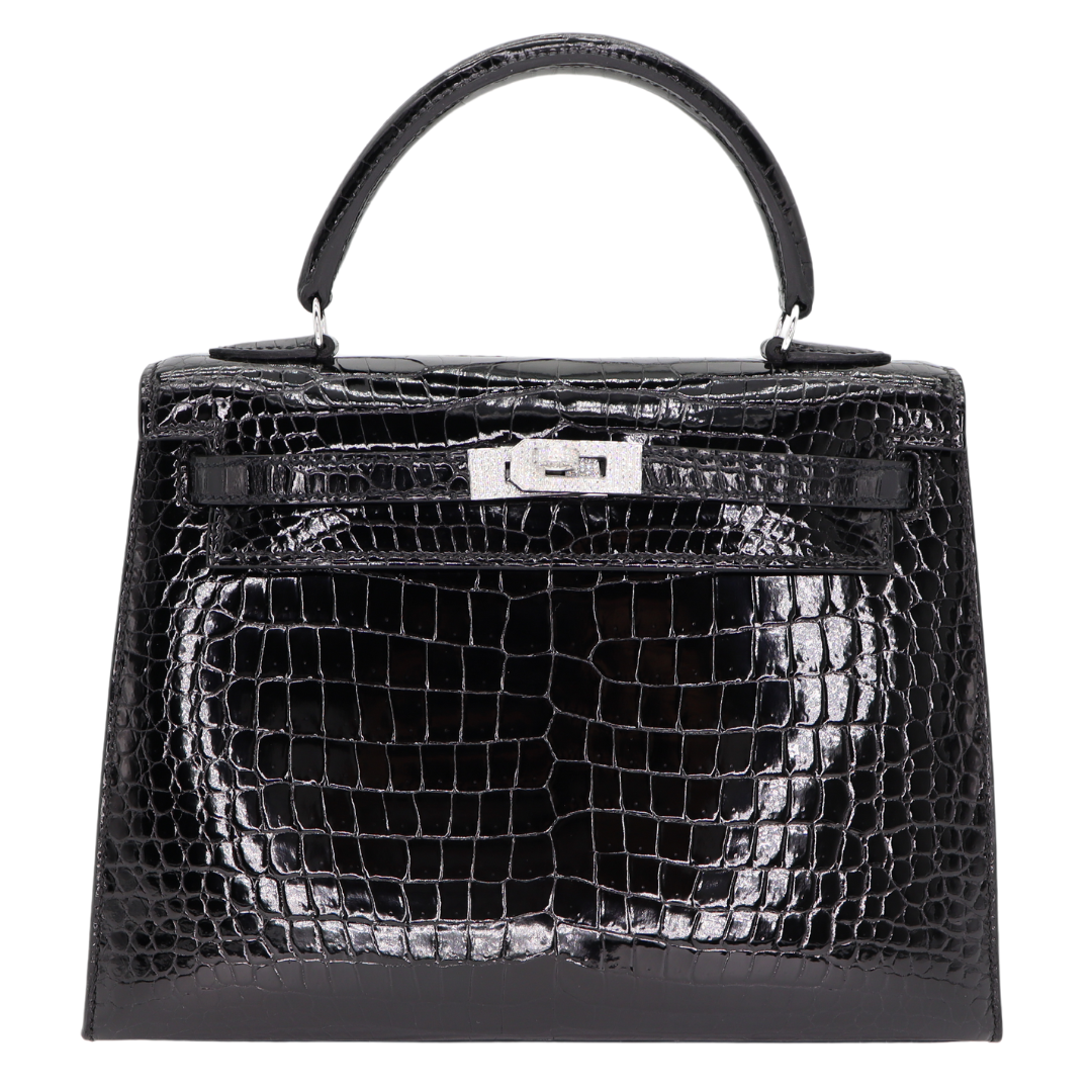 Hermès 25cm Kelly Sellier Black Shiny Porosus Crocodile Diamond Hardware