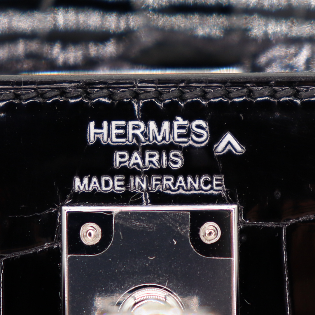 Hermès 25cm Kelly Sellier Black Shiny Porosus Crocodile Diamond Hardware