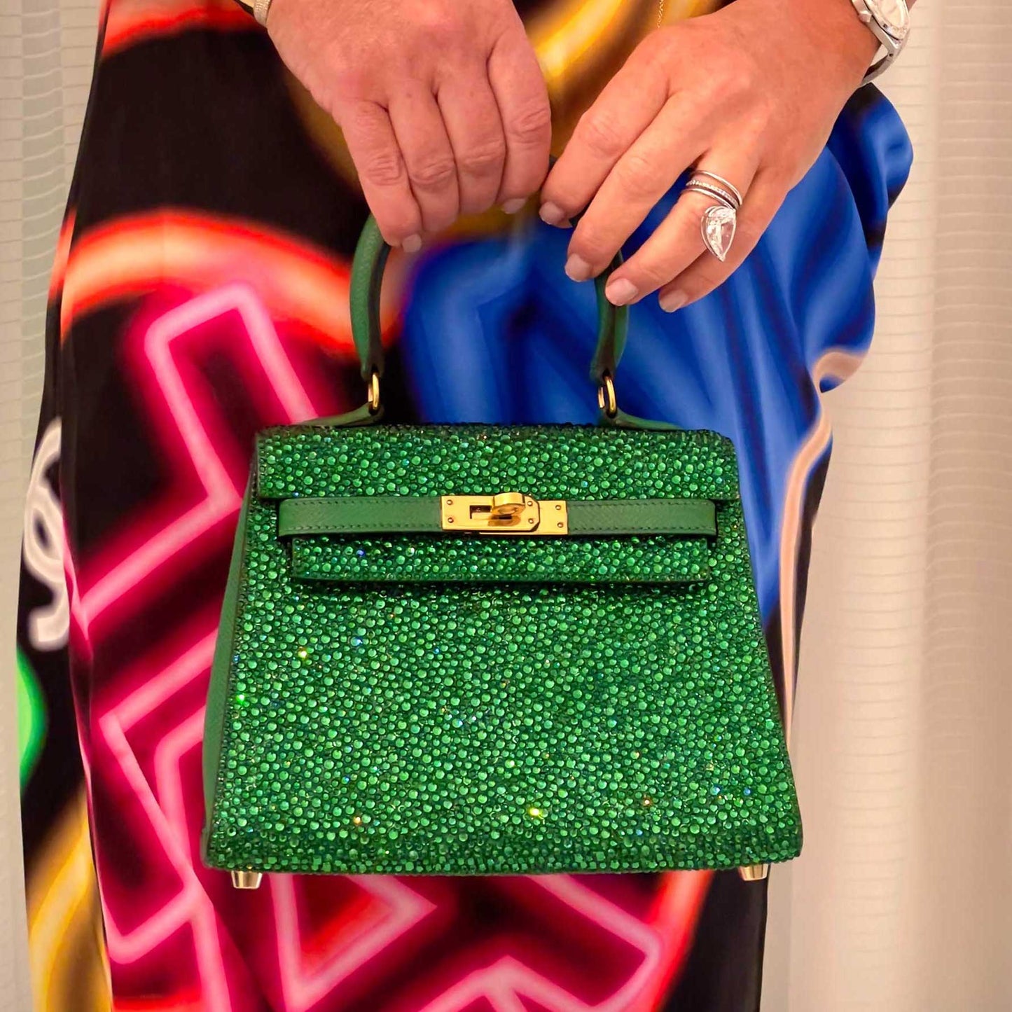 Vintage Hermes Emerald Kelly of Oz with Swarovski Crystals Epsom Gold Hardware