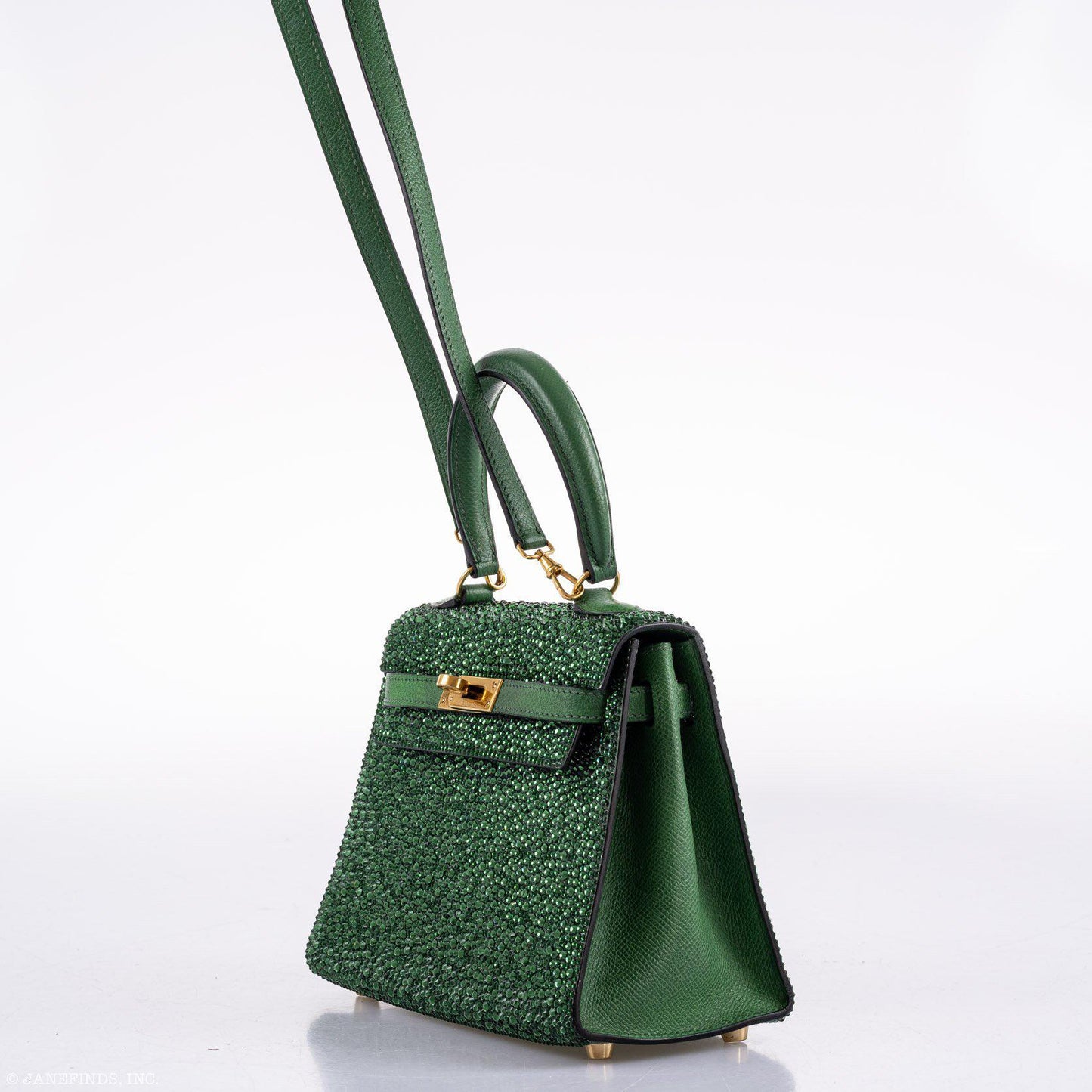 Vintage Hermes Emerald Kelly of Oz with Swarovski Crystals Epsom Gold Hardware