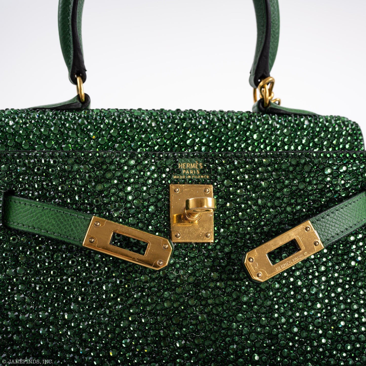 Vintage Hermes Emerald Kelly of Oz with Swarovski Crystals Epsom Gold Hardware