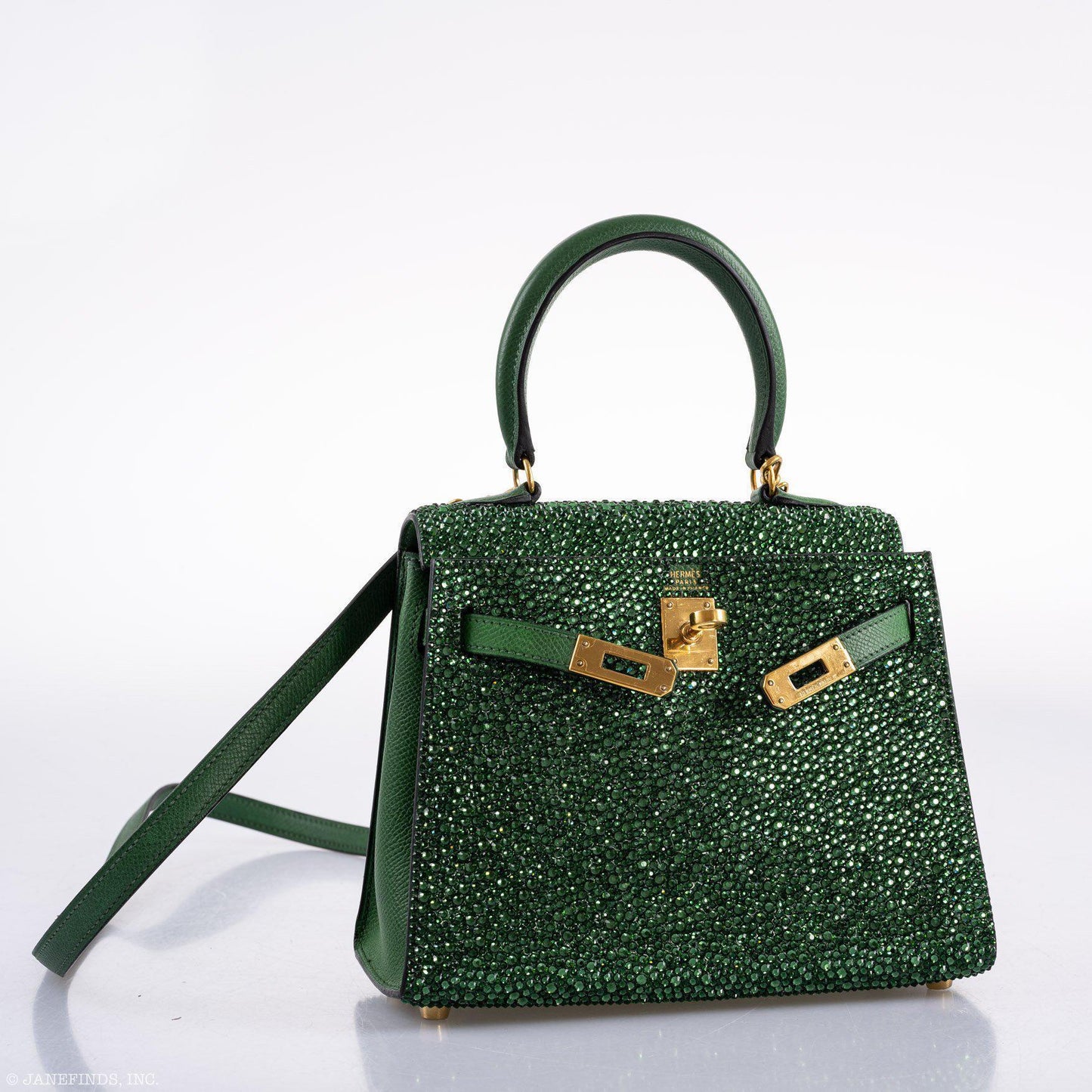 Vintage Hermes Emerald Kelly of Oz with Swarovski Crystals Epsom Gold Hardware
