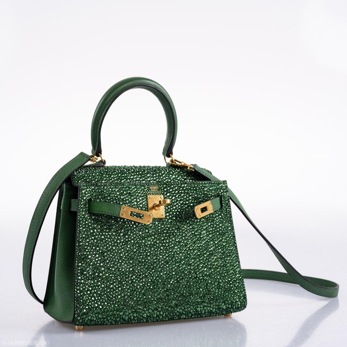 Vintage Hermes Emerald Kelly of Oz with Swarovski Crystals Epsom Gold Hardware