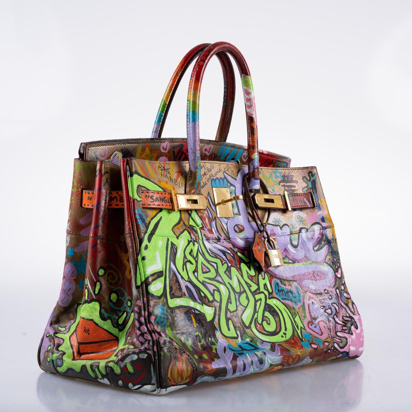 Vintage Hermes ‘Graffiti’ Birkin 35 Custom Painted Box Leather with Gold Hardware - 1998, B Square, Artwork 2021.