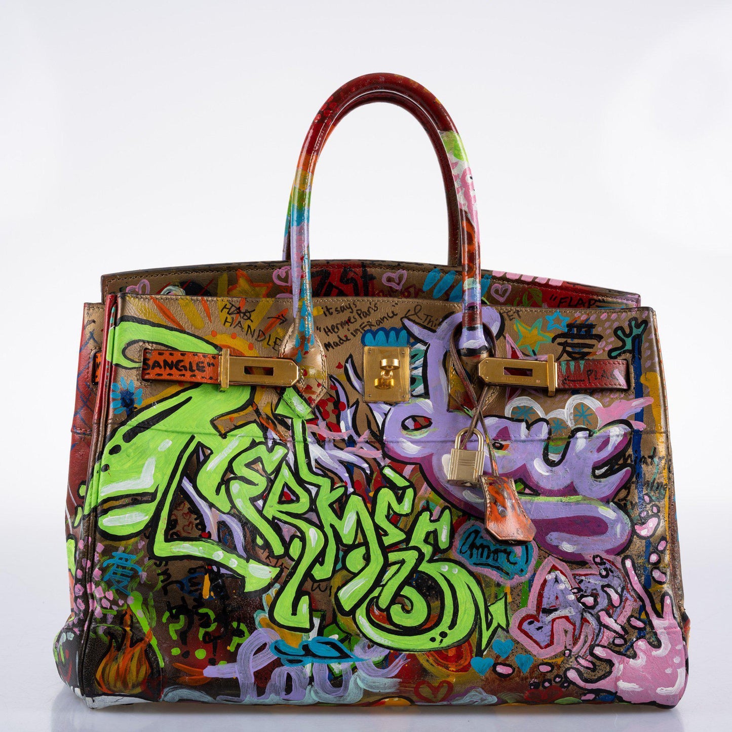 Vintage Hermes ‘Graffiti’ Birkin 35 Custom Painted Box Leather with Gold Hardware - 1998, B Square, Artwork 2021.