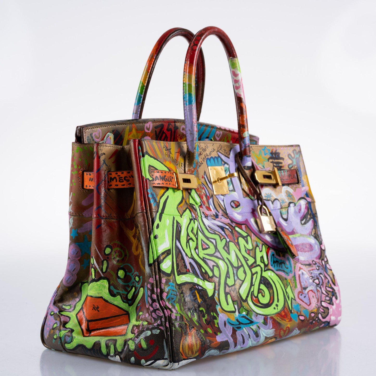 Vintage Hermes ‘Graffiti’ Birkin 35 Custom Painted Box Leather with Gold Hardware - 1998, B Square, Artwork 2021.