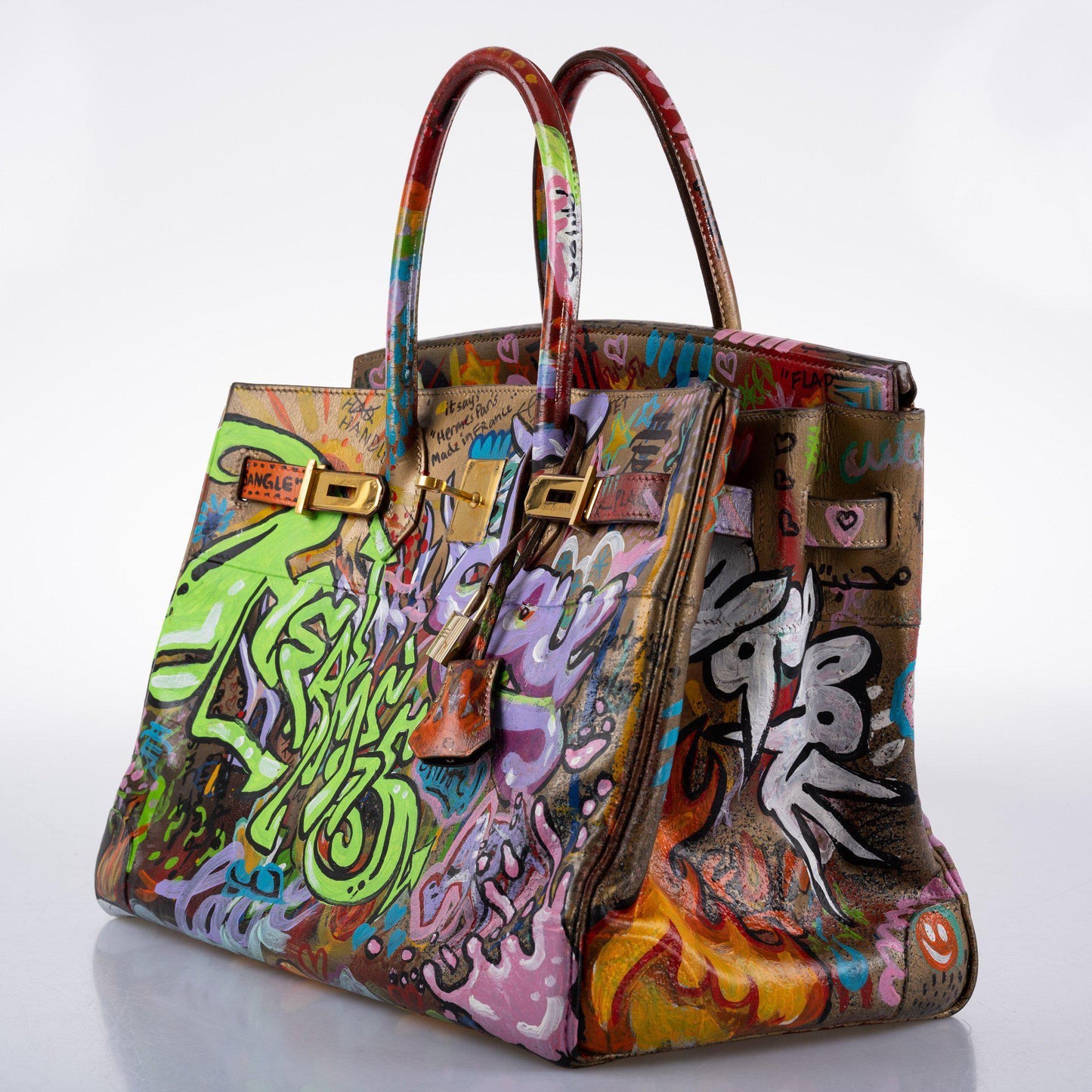 Vintage Hermes ‘Graffiti’ Birkin 35 Custom Painted Box Leather with Gold Hardware - 1998, B Square, Artwork 2021.
