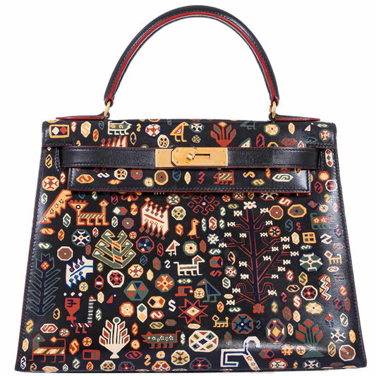 Vintage Hermes Kelly 28 Sellier Black Box Painted "Qashqai" Design with Gold Hardware