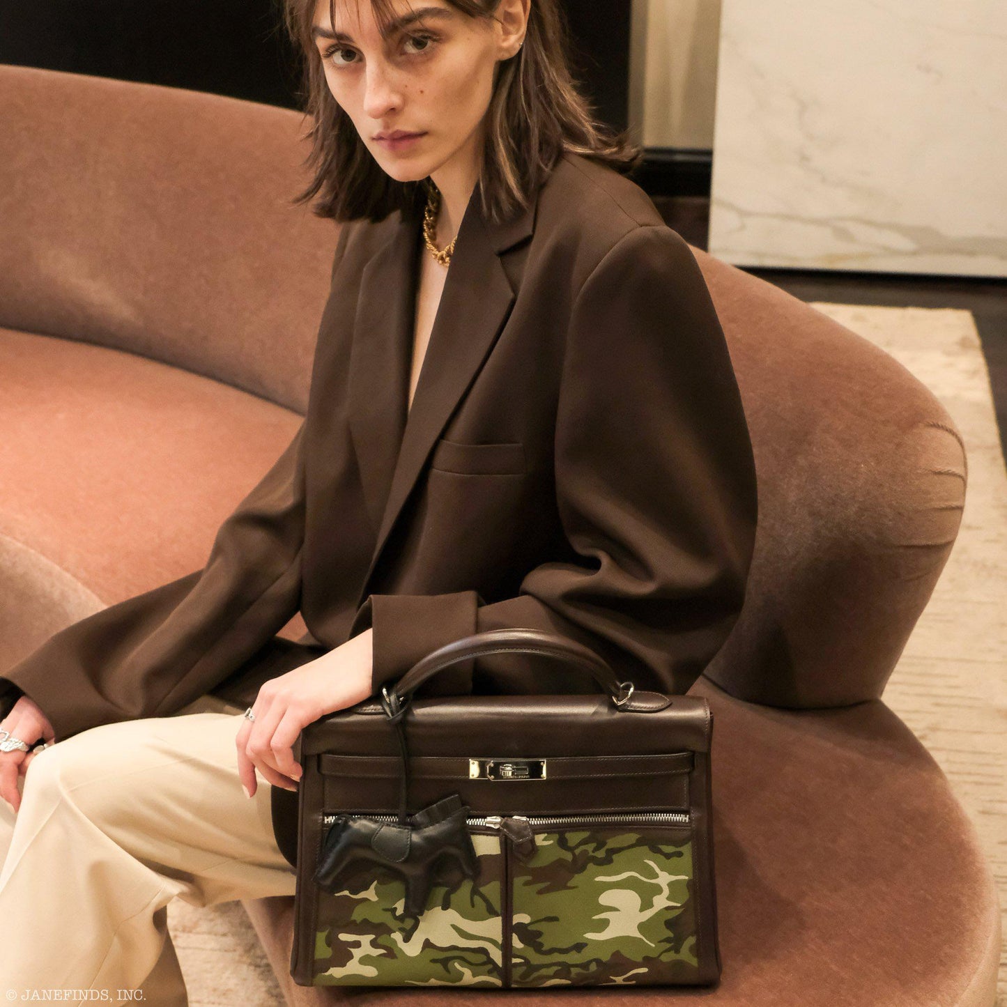 Vintage Hermes Kelly Lakis 35 Chocolate Box & Toile Camouflage Painting Palladium Hardware