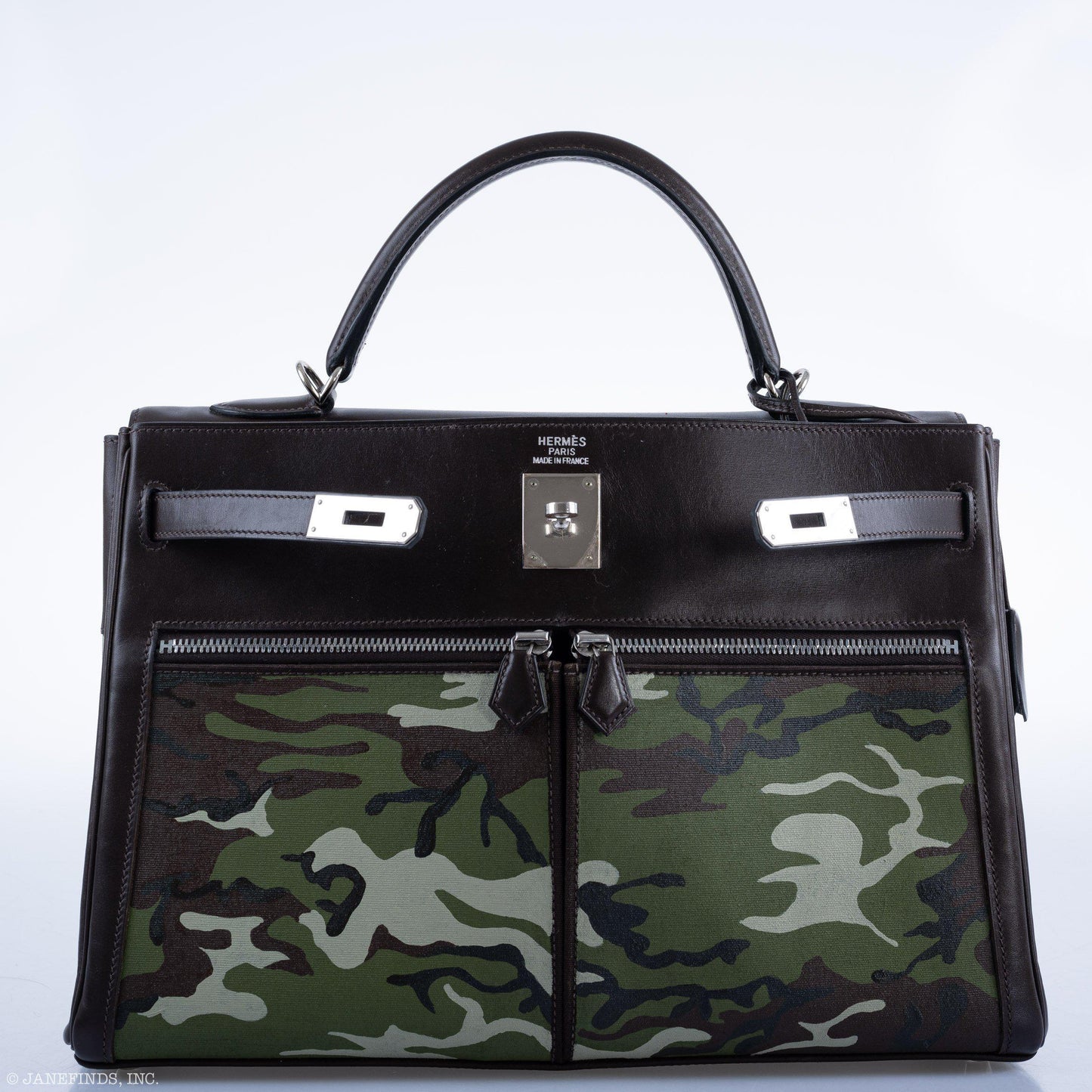Vintage Hermes Kelly Lakis 35 Chocolate Box & Toile Camouflage Painting Palladium Hardware